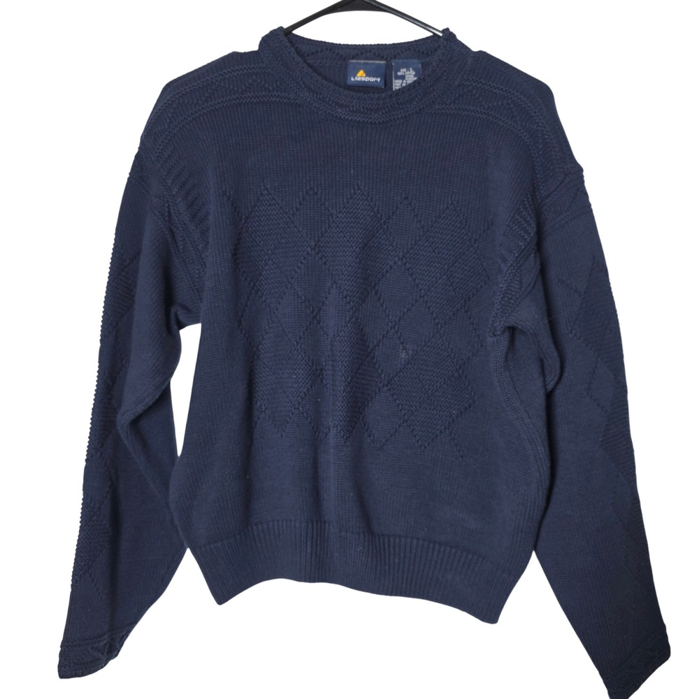 Lizsport Navy Blue Diamond Knit Cotton Sweater Large Vintage 90s Preppy Crewneck